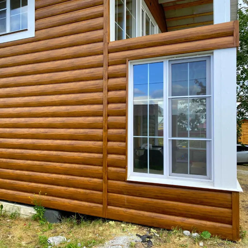 Фото 9 фасад из металлосайдинга Бревно Рубленое 4D Орех 3D Printech
