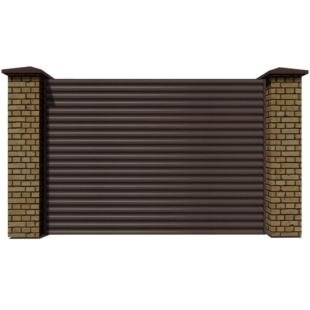 Секция забора жалюзи из ламелей еврожалюзи RAL8017 Коричневый Шоколад Стальной Бархат с кирпичными столбами анфас