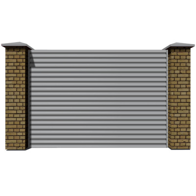 Секция забора жалюзи из ламелей еврожалюзи RAL7004 Серый с кирпичными столбами анфас